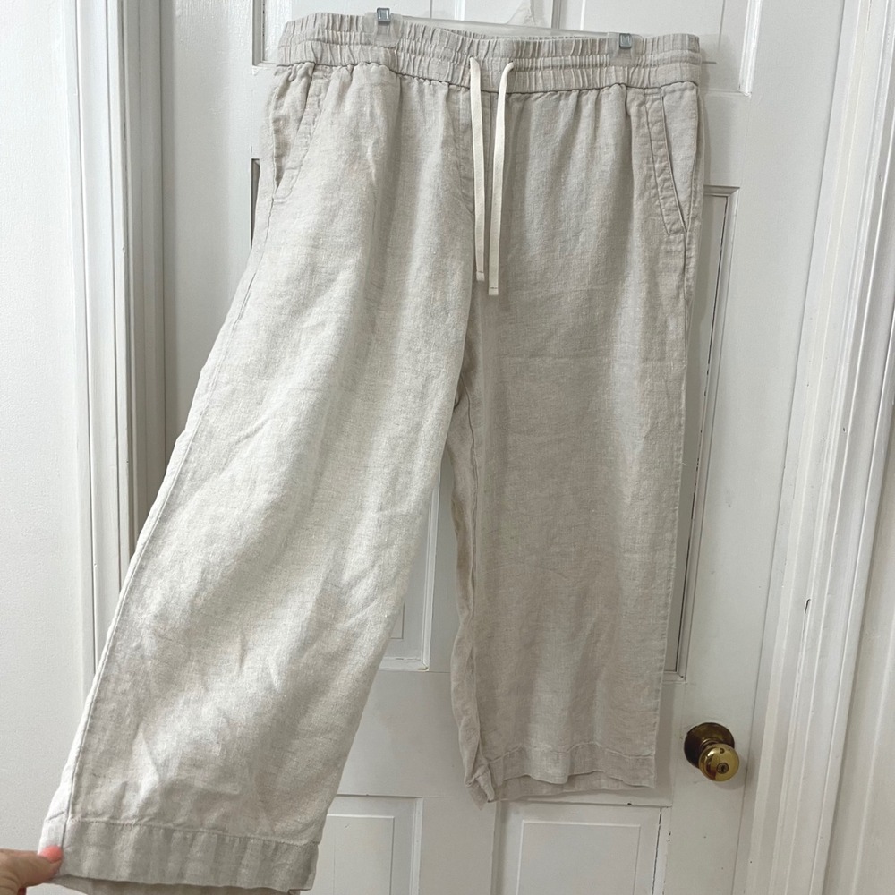 Talbots Wide Leg Crop Capri Pants XL Resort Cruise 100% Linen Minimalist Neutral